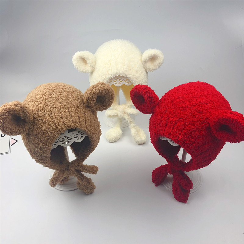 Men and women baby hats cute Lei Feng hat bear knitted ins baby children's ear protection hat thick plus velvet winter hat