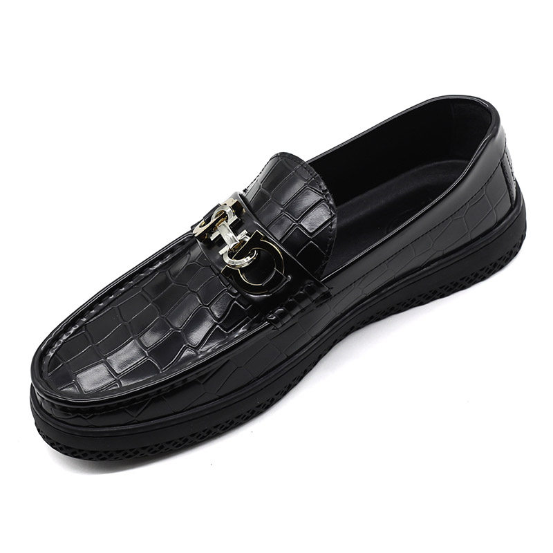 Thick-soled men's shoes 2022 spring and autumn black round toe casual leather shoes fashion bright leather Doudou shoes buckle all-match casual shoes