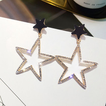 Personality exaggeration full diamond five-pointed star earrings Korean temperament long star drop earrings Wild sexy net red stud earrings women