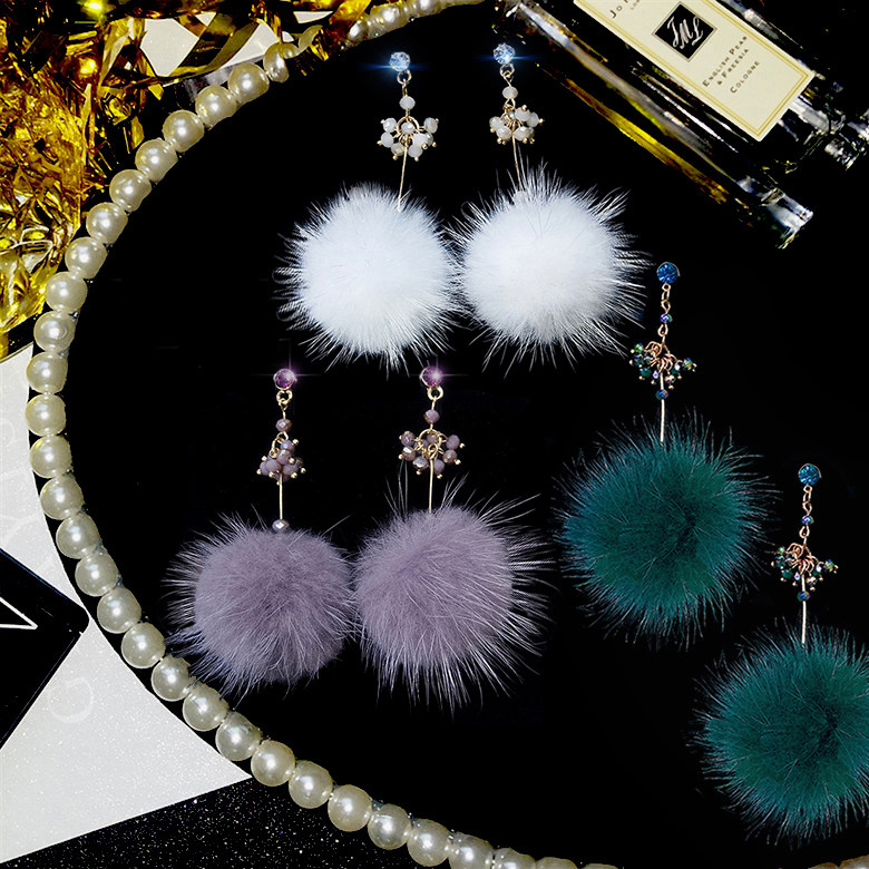 Autumn Winter Fur Balls Earrings Han Edition Personality Ultra Fairy's version Crystal Buffet Airy Ear Fluff Ear Ornaments Female