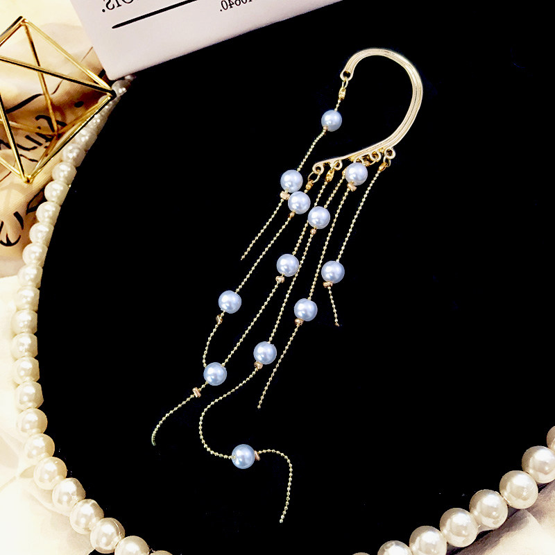 Advanced New Temperament Pearl Streaming Suear Clips Ear Hung Without Ear Clip Tide Long Version Hyperbole Earrings Woman