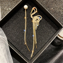 European and American personality Exaggerated Asymmetrical Flash Drilling Small Bird Earrings Temperament long Flow Suear Pendant Silver Needle Ear Accessories