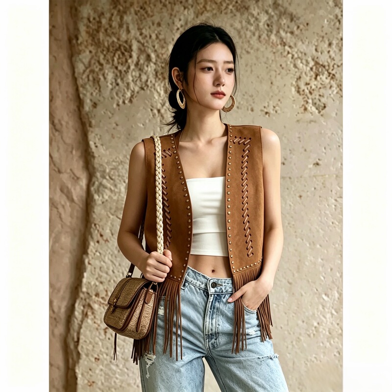 Western-Style Retro Tassel Vest for Women, Suede Studded Woven Sleeveless Waistcoat, Short Outerwear for Prairie Travel Outfits