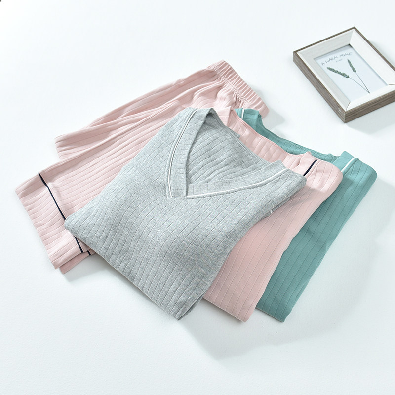 Pure Cotton With Chest Cushion Pyjamas Lady Spring Long Sleeve Long Pants Sleeve Head V Collar Knit Full Cotton Pure Color Home Suit Suit