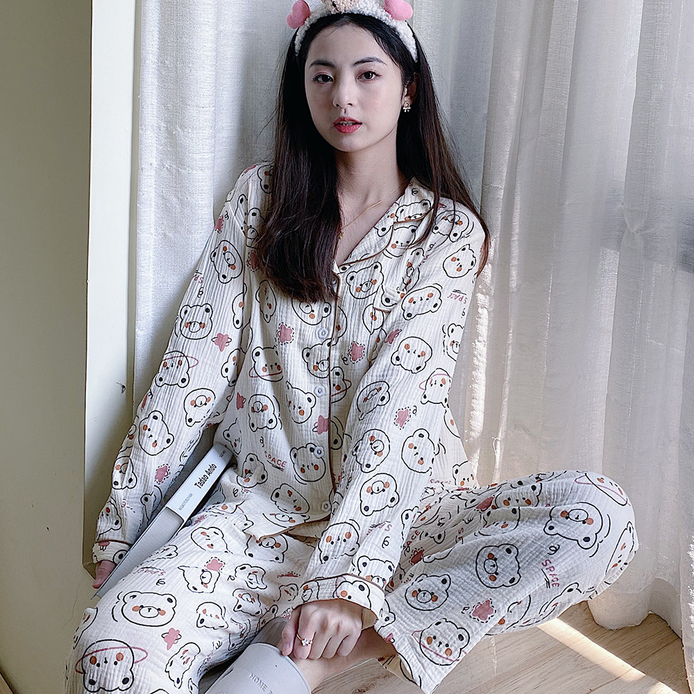 Day Series Cartoon Small Bear Sleepwear Woman Long Sleeve Spring Autumn Pure Cotton Cotton Cloth Cartoon Printed Sweet And Beautiful Full Cotton Home Suit Suit