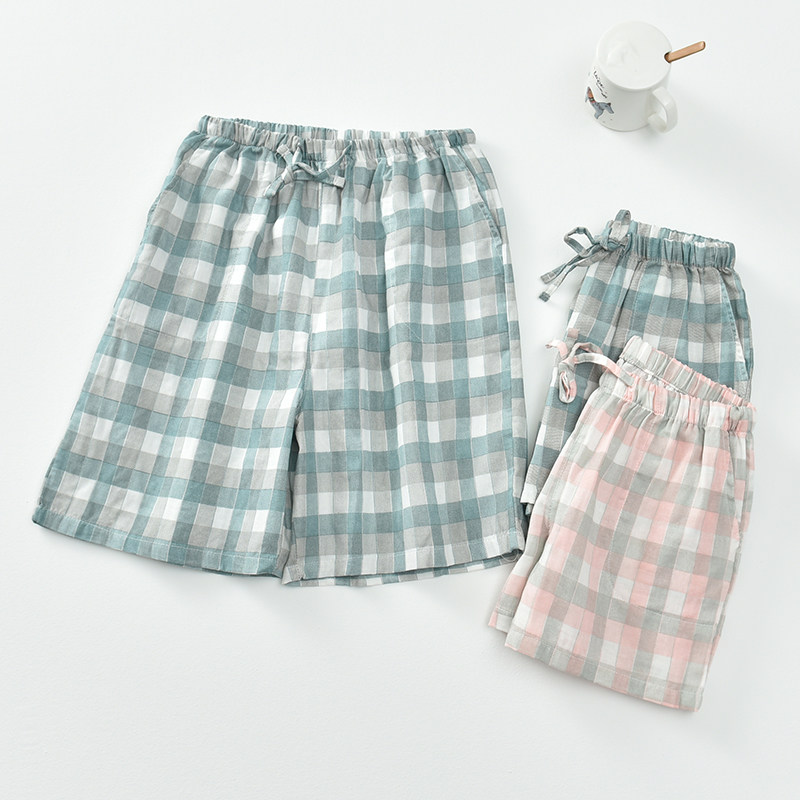 Salt-based couples pajamas summer shorts cotton double-layer gauze thin loose Japanese plaid men's and women's home pants