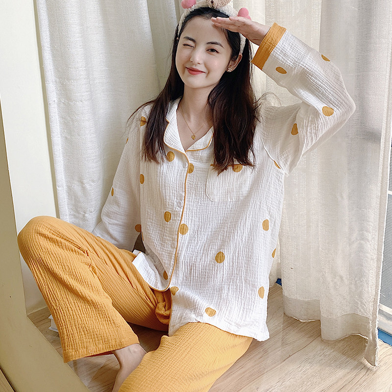 Pyjamas in Japanese glutinous glutinous glutinous rice balls pure cotton double layer gauze spring long sleeves loose round point printed home jacket transfer