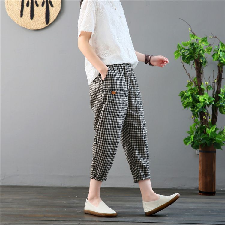 Quần cotton và vải lanh cắt quần nữ Xia Wenyi retro lỏng và mỏng kẻ sọc thường xuyên quần harem quần lanh chân quần củ cải - Quần Harem