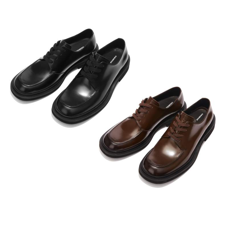 Oamria Top-Grain Leather Glossy Smoked Square-Toe Derby Casual Height-Increasing Retro Cleanfit Leather Shoes