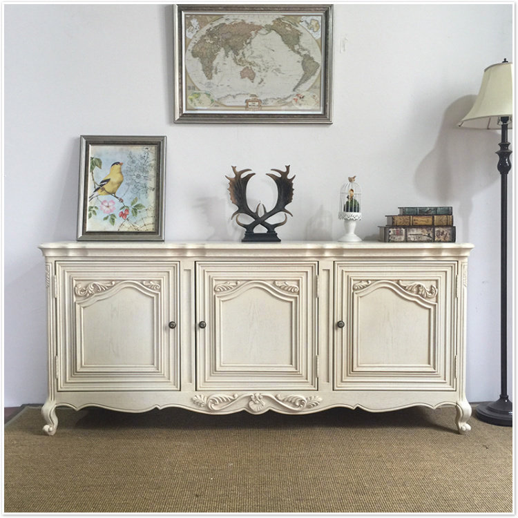 American light luxury solid wood carved dining cabinet side cabinet white retro decorative storage cabinet porch cabinet