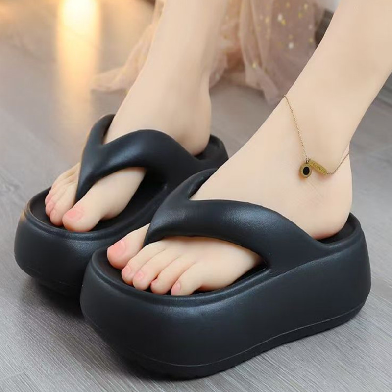 Summer New Style One-Strap Thick-Soled High-Heeled Slippers for Women, Platform Height-Increasing Beach Shoes, Wedge Heel, Lazy Style, Slimming Sandals