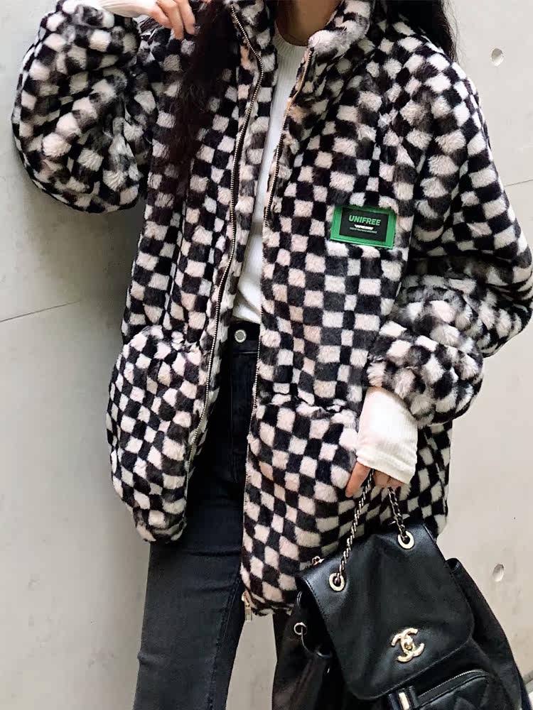 Chessboard Lattice Imitation Rabbit Fur Fur Grass Jacket Female Winter Oversize Loose With Lazy Wind Jacket Tide Thickened Mink Coat