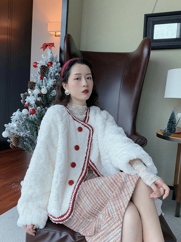 2021 autumn and winter new lamb velvety fur coat short imitation rabbit fur small balsamic fashion with slim plush great coat