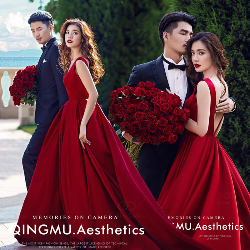Studio Theme Costume 2020 New Red Exterior Backless Photography Dress Couple Photo Travel Photo Tail Wedding Dress