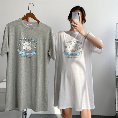 Summer pregnant women dress relaxed leisure short sleeve T-shirt in long pregnancy late pregnancy MM stomach pure cotton dress