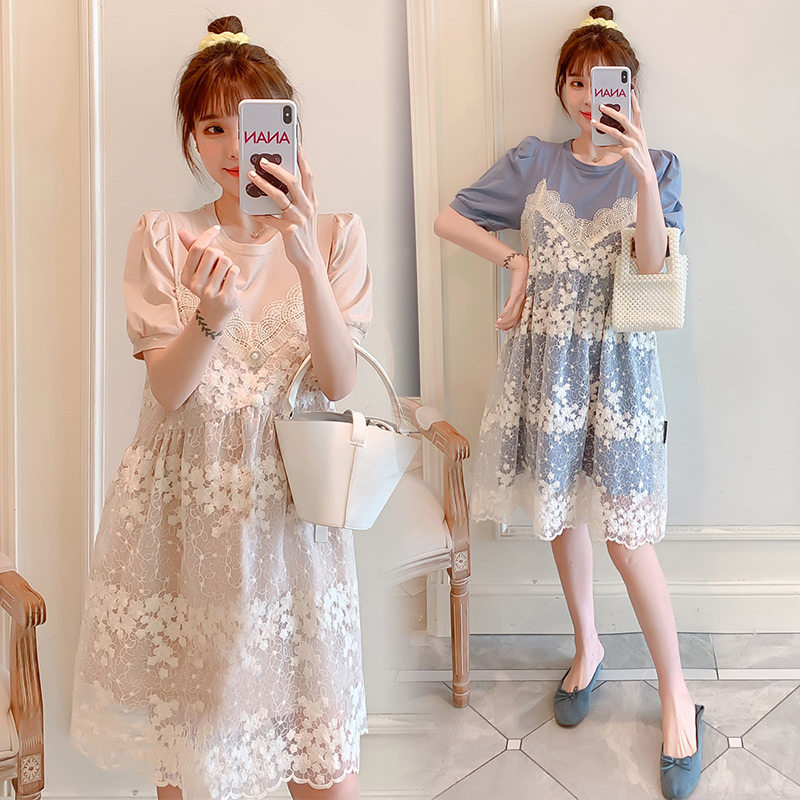 2021 summer new maternity dress lace short-sleeved dress fashion trendy mother large size loose summer T-shirt top
