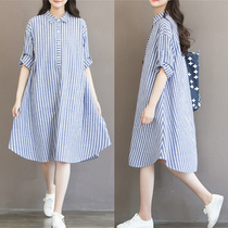 Summer pregnant woman striped dress in dress with large code loose spring loaded with 200 catty short sleeve shirt suit