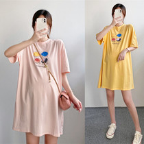 Summer Maternity Wear Cartoon T-shirt Cotton Short-sleeved Top Long Section Loose Slim Fashion Western Style Breastfeeding Dress