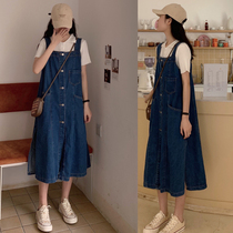 Summer maternity wear plus size denim strap dress mid-length late pregnancy fat MM200 catties trendy mom top