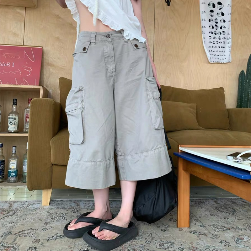 Plus-Size American-Style Workwear Multi-Pocket Denim Cropped Pants for Men and Women, Summer Design, Loose Casual Wide-Leg Shorts Plus-Size American-Style Workwear Multi-Pocket Denim Cropped Pants for Men and Women, Summer Design, Loose Casual Wide-Leg Shorts
