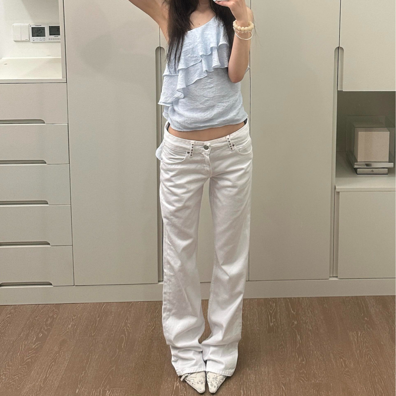 Plus-Size American Retro Studded Low-Waist White Jeans for Women, 2026 New Style, Straight Loose Casual Drapey Long Pants Plus-Size American Retro Studded Low-Waist White Jeans for Women, 2026 New Style, Straight Loose Casual Drapey Long Pants
