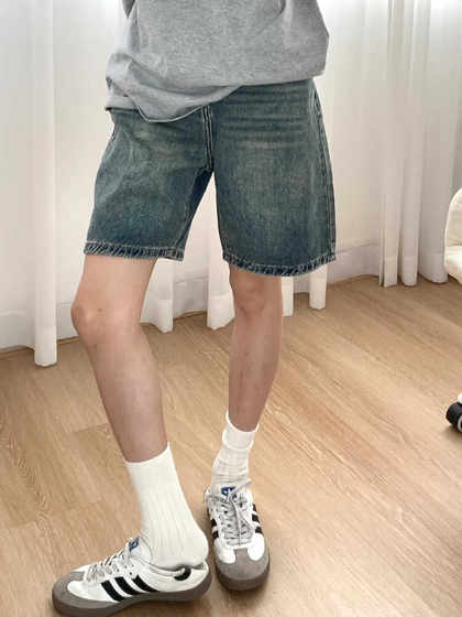 大码美式高街复古牛仔五分裤男女夏季新款直筒宽松做旧休闲短裤潮