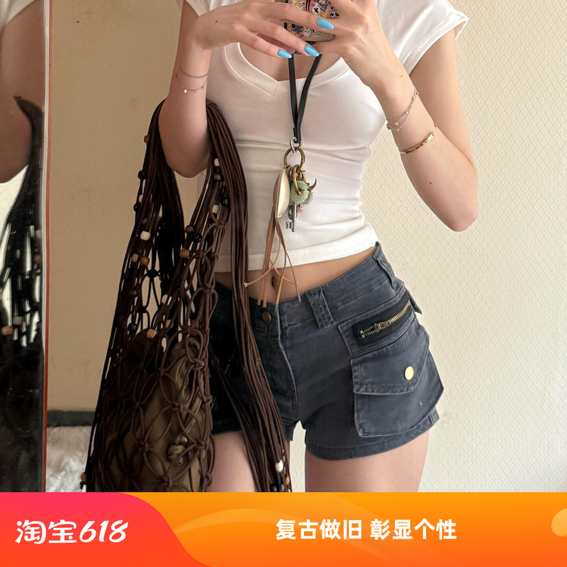 Plus-Size American Retro Workwear Pocket Denim Shorts for Women, New Summer Style, Versatile, Slimming A-Line Hot Pants, Trendy