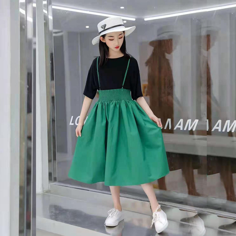 Girls slip dress set summer 2021 new Korean version slim short sleeves little girl fashion skirt two-piece set