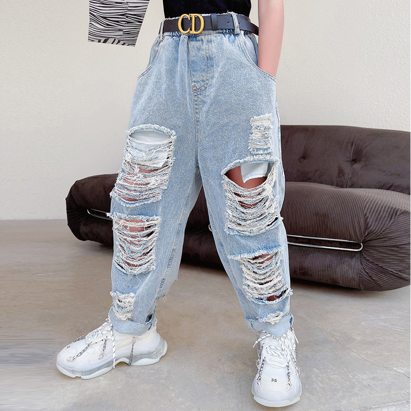 Girl Breaking Hole Jeans Tide Boy Dress Girl Big Boy Personality Fashion Pants Children Loose Beggar Harun Old Daddy Pants