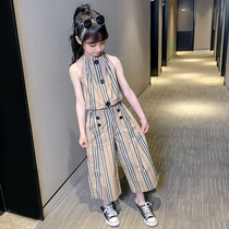 Girls summer clothes 2021 New sling fashionable Net red set large children Korean foreign style wide leg pants two-piece set