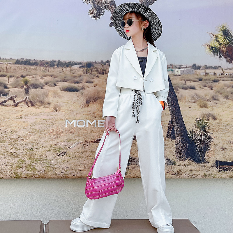 Girl Suits Jacket Foreign Pie Shorts Blouses Girl Trendy Children Fashion Children Straight Cylinder Wide Pants Two-piece Suit Summer