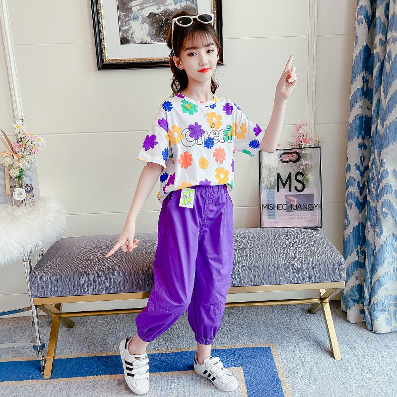 Girls Summer Mosquito Pants Set 2021 New Fashion Colorful Flowers Short Sleeve Children's Casual Pants Two Piece Set