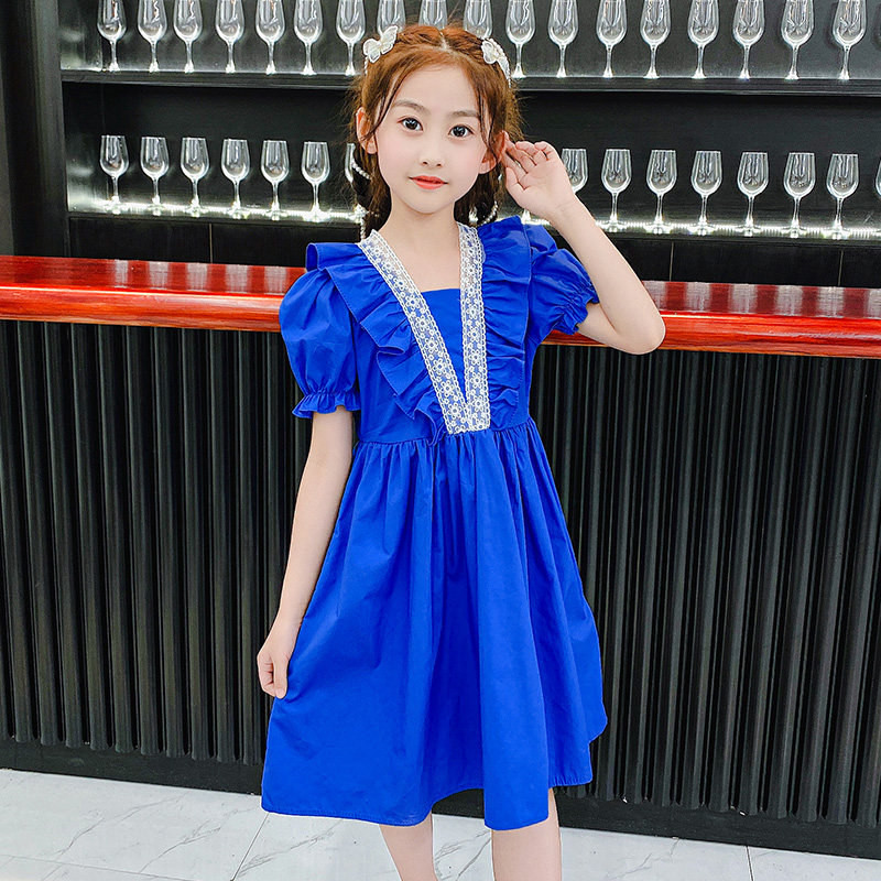 Girl's dress for summer clothes 2021 new foreign Han version Lace Bubble Sleeveless Skirt Girl 100 Pleated Princess Dress