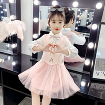 Girls spring dress childrens foreign net dress dress little girl Autumn Sweater Vest princess dress two-piece set
