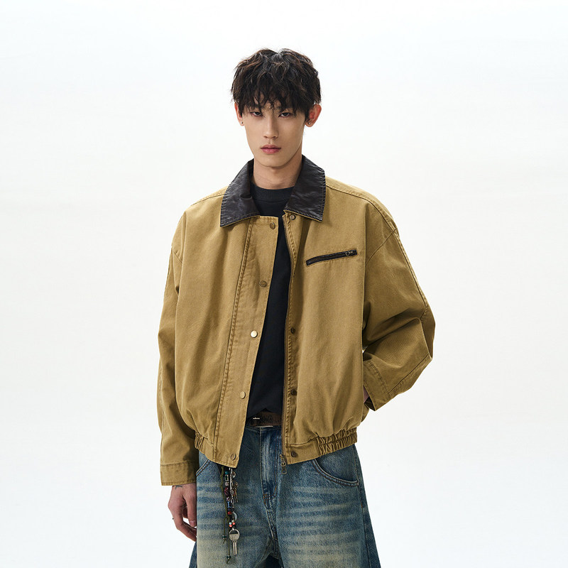 A Puee American Retro Barn-Style Distressed Leather Collar Jacket for Men and Women, Boxy Short Versatile Workwear Denim Jacket