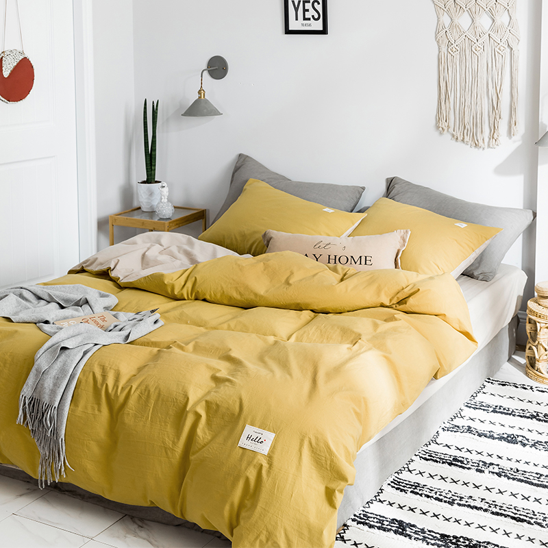 ins Nordic feng shui washing cotton four pieces of full cotton pure cotton double parquet color quilt cover pure bed linen naked bed bedding
