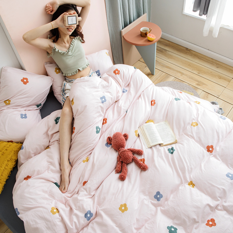 Cute cotton knitted printing four-piece set simple cartoon cotton Tianzhu quilt cover small fresh three-piece bed set