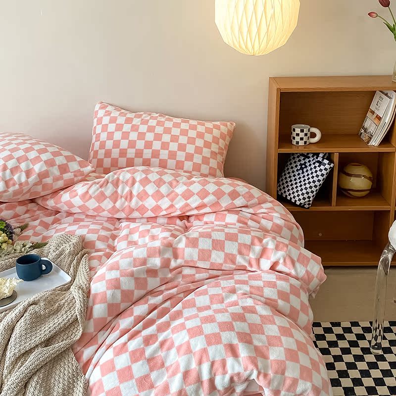 Checkerboard milk velvet four-piece thickened warm baby quilt cover coral velvet small fresh bedding