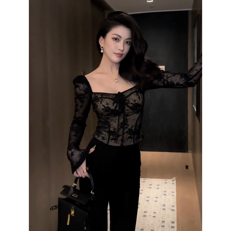 Black Lace Shirt for Women, Long-Sleeved, Autumn and Winter Style, Retro Sexy Short Top, Mesh Inner Layer, Base Shirt Black Lace Shirt for Women, Long-Sleeved, Autumn and Winter Style, Retro Sexy Short Top, Mesh Inner Layer, Base Shirt