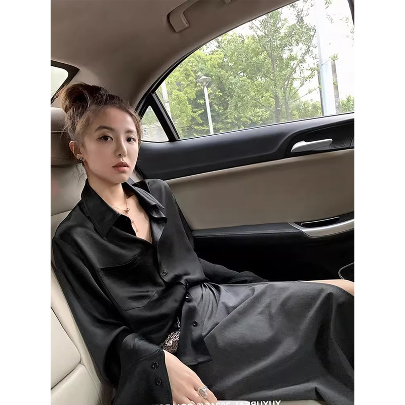 Acetate Satin Shirt for Women, Long-Sleeved, Spring and Autumn Women's Clothing, Drapey French Style, High-End Ol Shirt, Classy Black Top Acetate Satin Shirt for Women, Long-Sleeved, Spring and Autumn Women's Clothing, Drapey French Style, High-End Ol Shirt, Classy Black Top