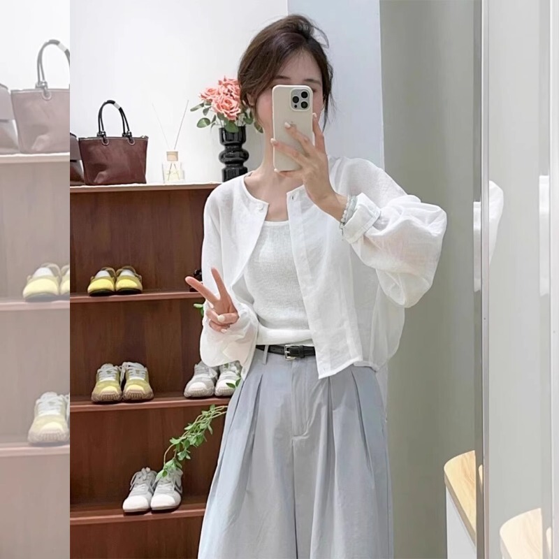 College Style Linen Sun Protection Shirt for Women, Long-Sleeved, Summer, Petite, Breathable, Short Cardigan, Air-Conditioning Shirt, Top College Style Linen Sun Protection Shirt for Women, Long-Sleeved, Summer, Petite, Breathable, Short Cardigan, Air-Conditioning Shirt, Top