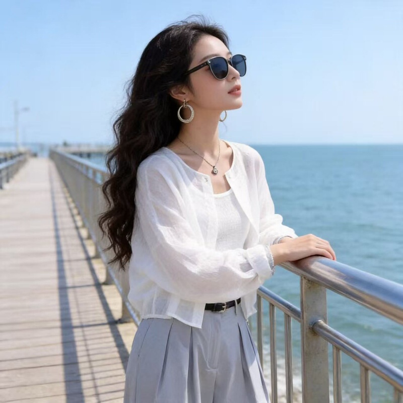 Tencel Cardigan Sun Protection Clothing for Women, Long-Sleeved White Thin Jacket, Summer Literary and Artistic College Style Breathable Blouse Top Tencel Cardigan Sun Protection Clothing for Women, Long-Sleeved White Thin Jacket, Summer Literary and Artistic College Style Breathable Blouse Top
