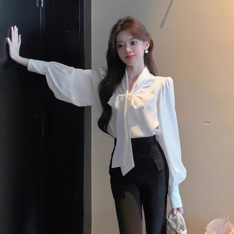 High-End Satin White Shirt for Women, Long-Sleeved Spring and Autumn Women's Clothing, French Chic Puff Sleeve Top, Bow Tie Shirt High-End Satin White Shirt for Women, Long-Sleeved Spring and Autumn Women's Clothing, French Chic Puff Sleeve Top, Bow Tie Shirt
