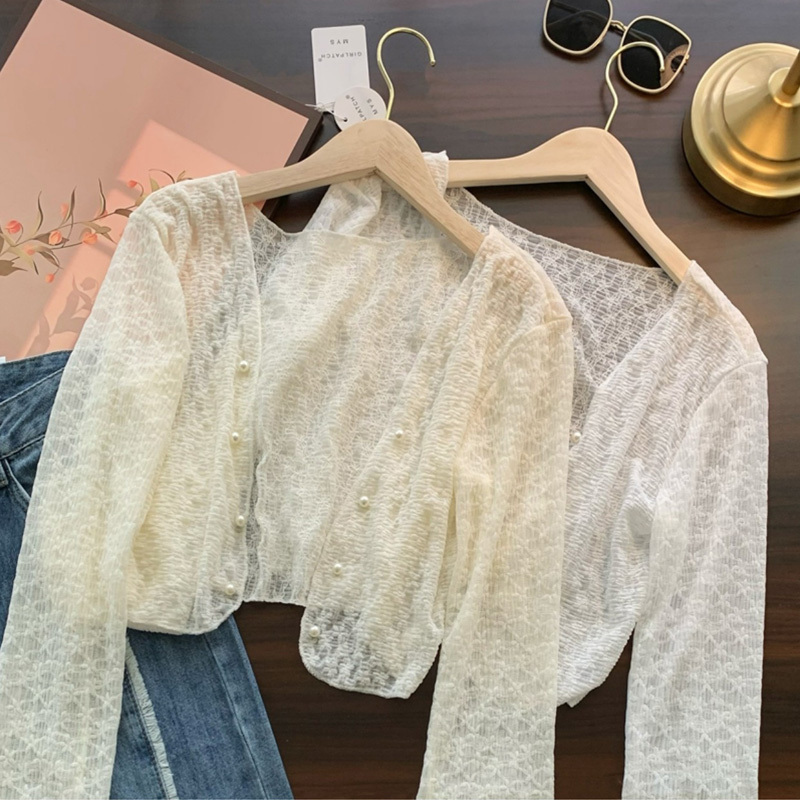 Chiffon Lace Cardigan Sun Protection Clothing for Women, Long-Sleeved Shawl, Summer Unique Pearl Button Top, Sun Protection Blouse, Thin Coat