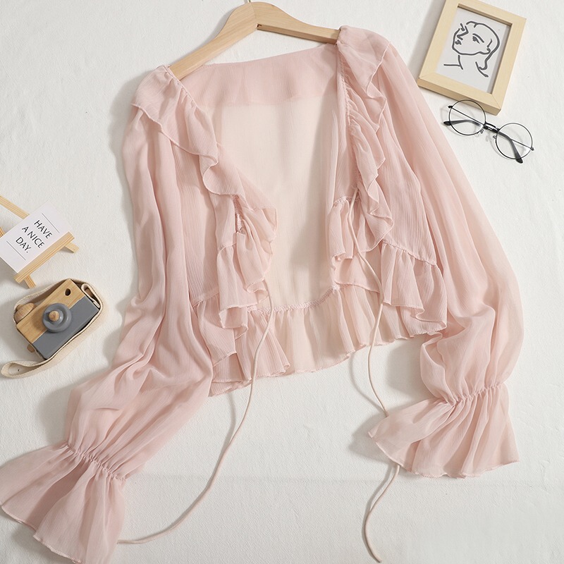 Bell-Sleeve Chiffon Sun Protection Clothing for Women, Summer New Chinese Style Ruffled Cardigan, Fairy Shawl, Ice Silk Short Thin Coat Bell-Sleeve Chiffon Sun Protection Clothing for Women, Summer New Chinese Style Ruffled Cardigan, Fairy Shawl, Ice Silk Short Thin Coat