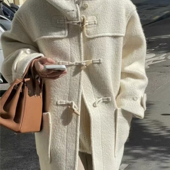Korean theable hooded horn button coat for women