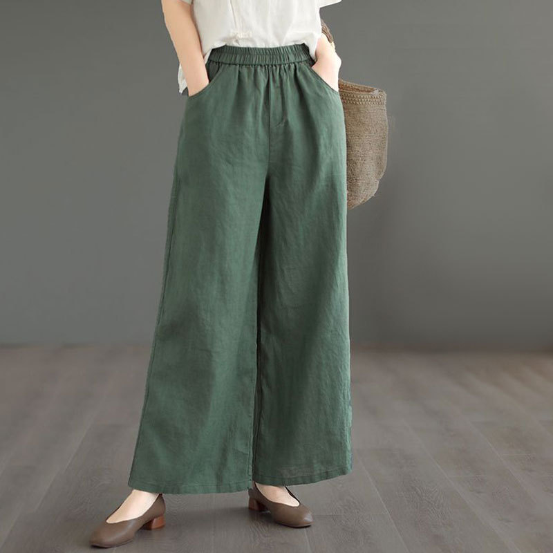2026 New Summer Cotton and Linen Wide-Leg Pants Casual Pants Women's Loose Linen Elastic High-Waisted Straight Nine-Point Pants Women's Clothing