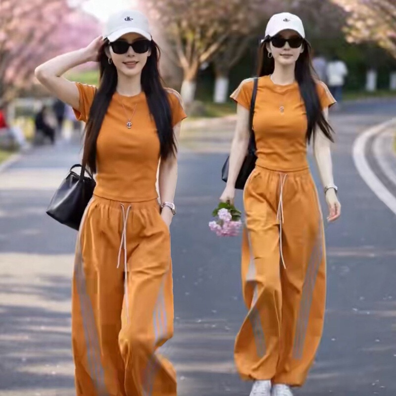 Casual Sports Suit for Women 2026 Summer New Fashion Sports Style Round Neck Short-Sleeved T-Shirt Wide-Leg Pants Two-Piece Set