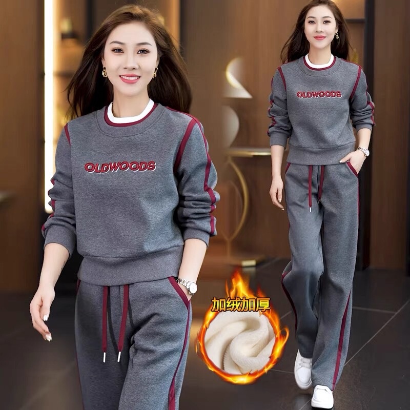 Fleece-Lined and Thickened Casual Sports Suit for Women, 2026 Autumn and Winter New Fashion Round-Neck Sweatshirt and Wide-Leg Pants Two-Piece Set, Trendy Fleece-Lined and Thickened Casual Sports Suit for Women, 2026 Autumn and Winter New Fashion Round-Neck Sweatshirt and Wide-Leg Pants Two-Piece Set, Trendy