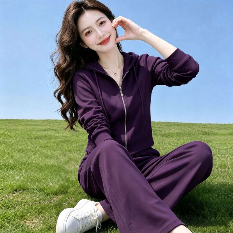 High-End Casual Sportswear Suit for Women 2026 Autum Purple Cardigan Age-Reducing and Stylish Sportswear Two-Piece Set
